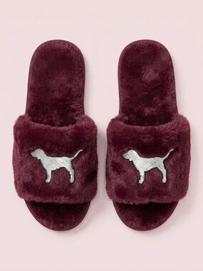 PINK by Victoria's Secret Dog Logo Burgundy Plush Slippers